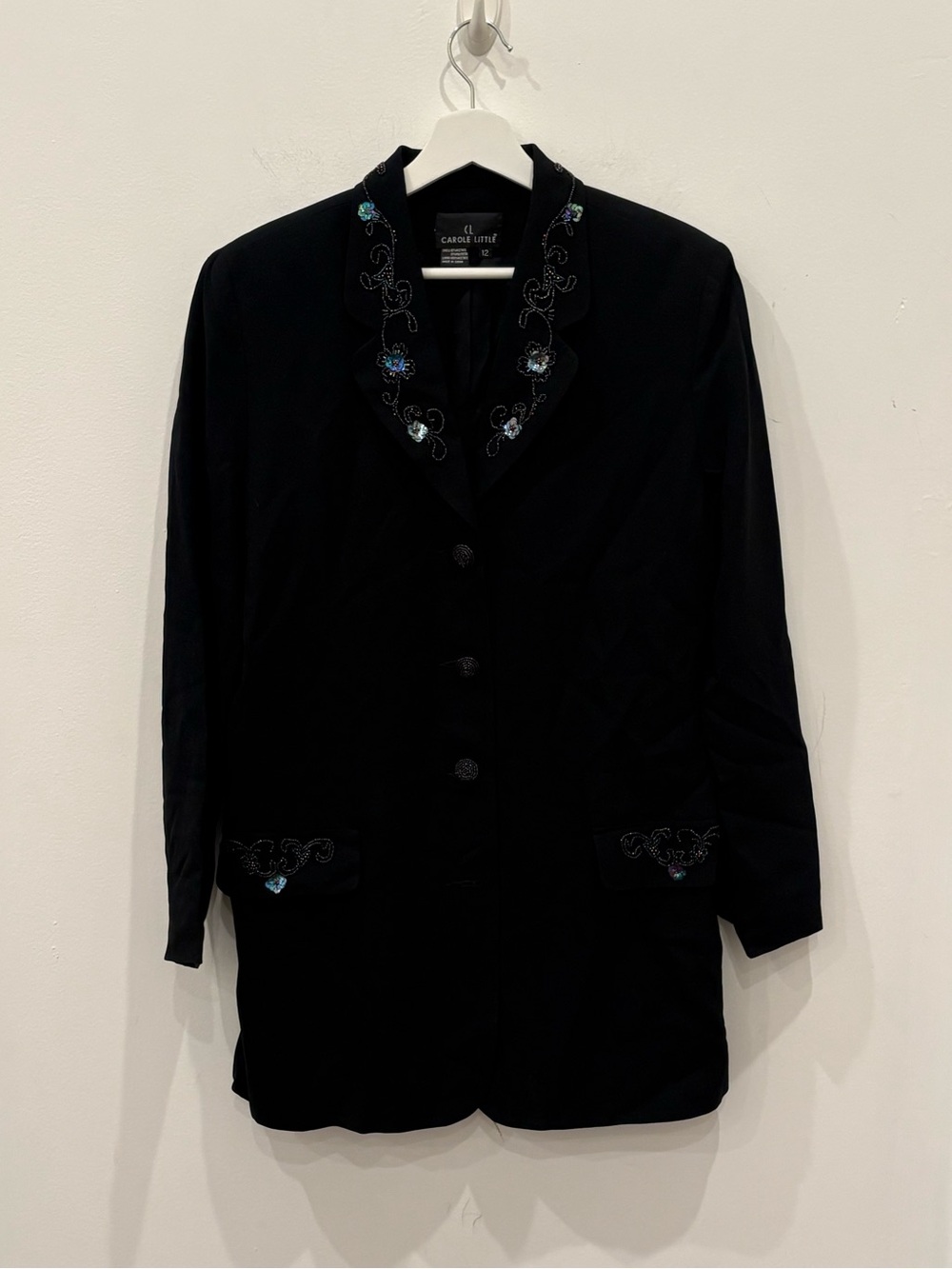 Carole Little Black Beaded Long Blazer Jacket Vintage sz 12 90’s